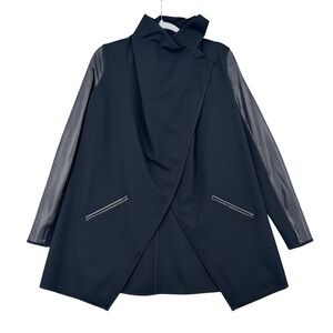Spanx Womens Small Black Drape Front Jacket Faux Leather Sleeves High Neck S/P